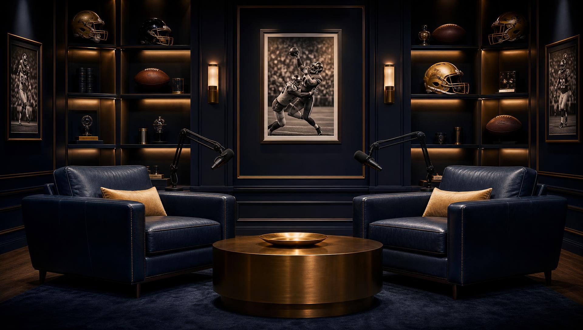 Luxury sports-themed podcast studio with two leather chairs and broadcast microphones